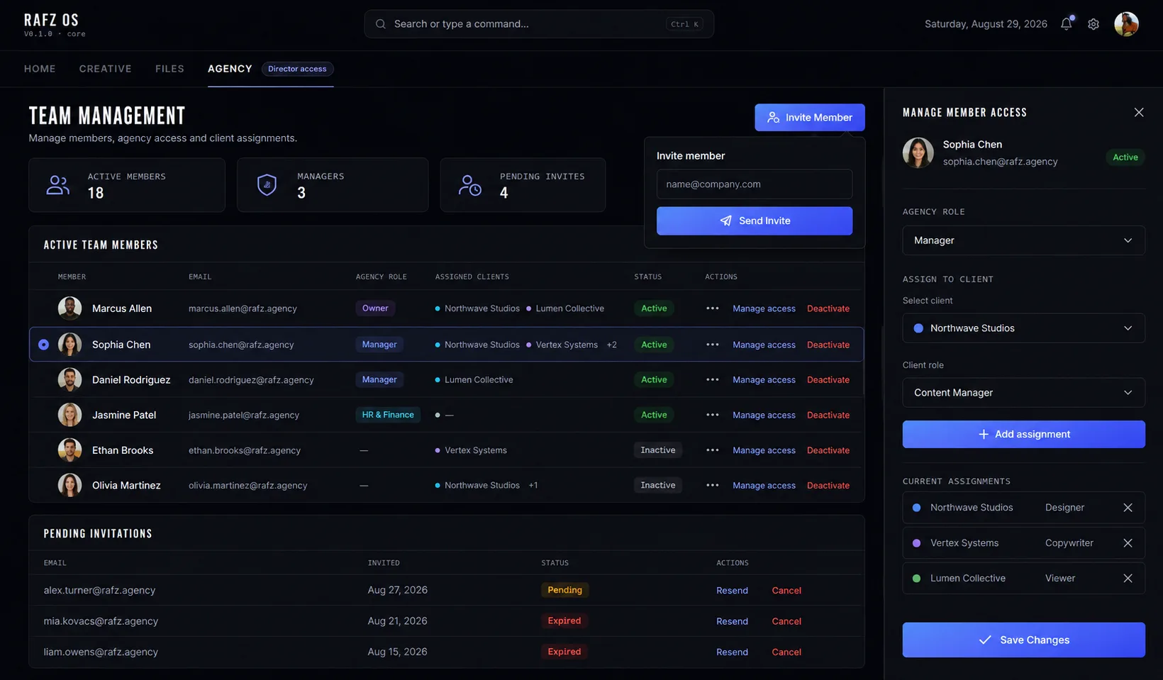 RafzOS client management screen