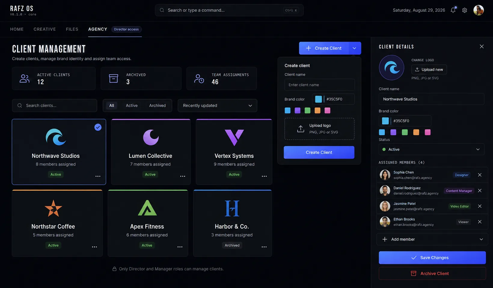 RafzOS team management screen